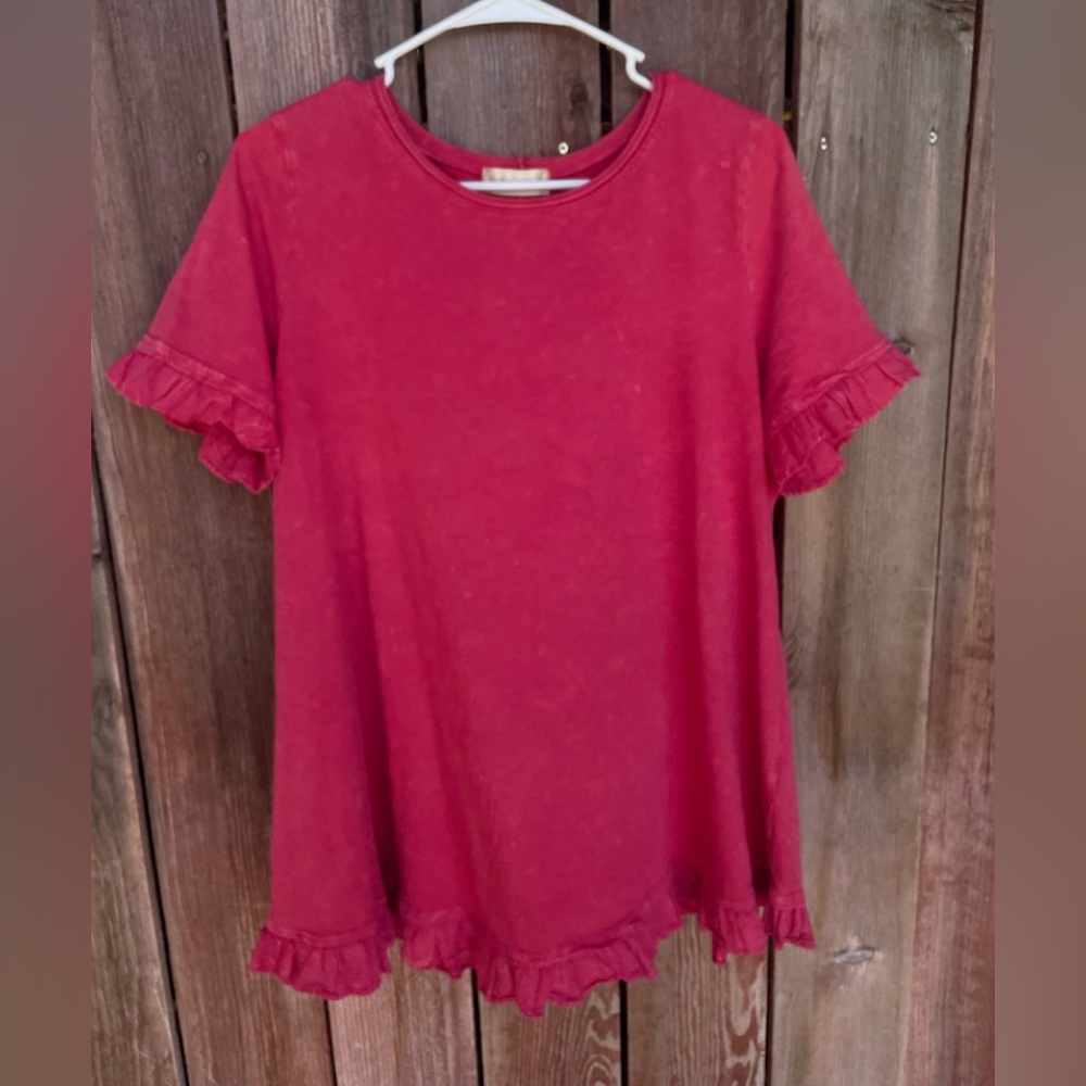 Altar'd State Ruffled Hem Short Sleeve Pink Top.  Size Large - Picture 3 of 15